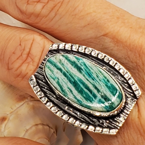 Genuine Amazonite Stone 925  Silver Ring - Picture 4 of 6